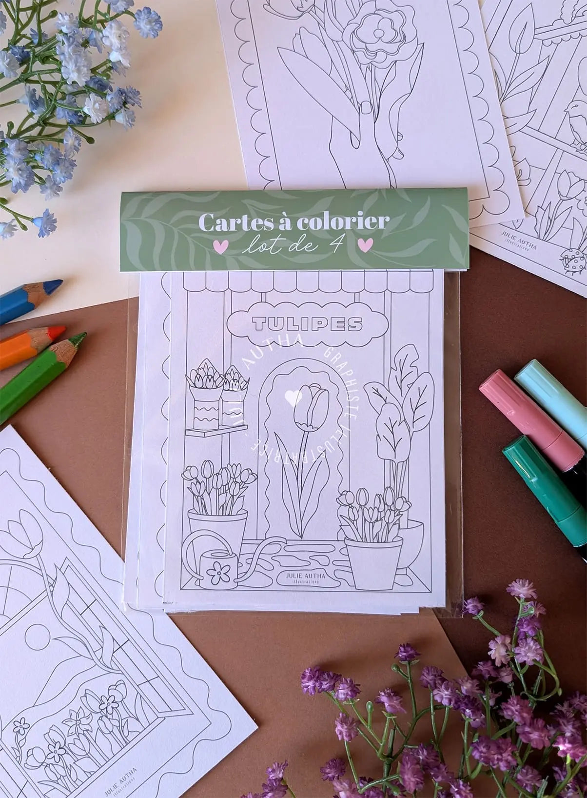 Cartes à colorier Fleuries Julie Autha