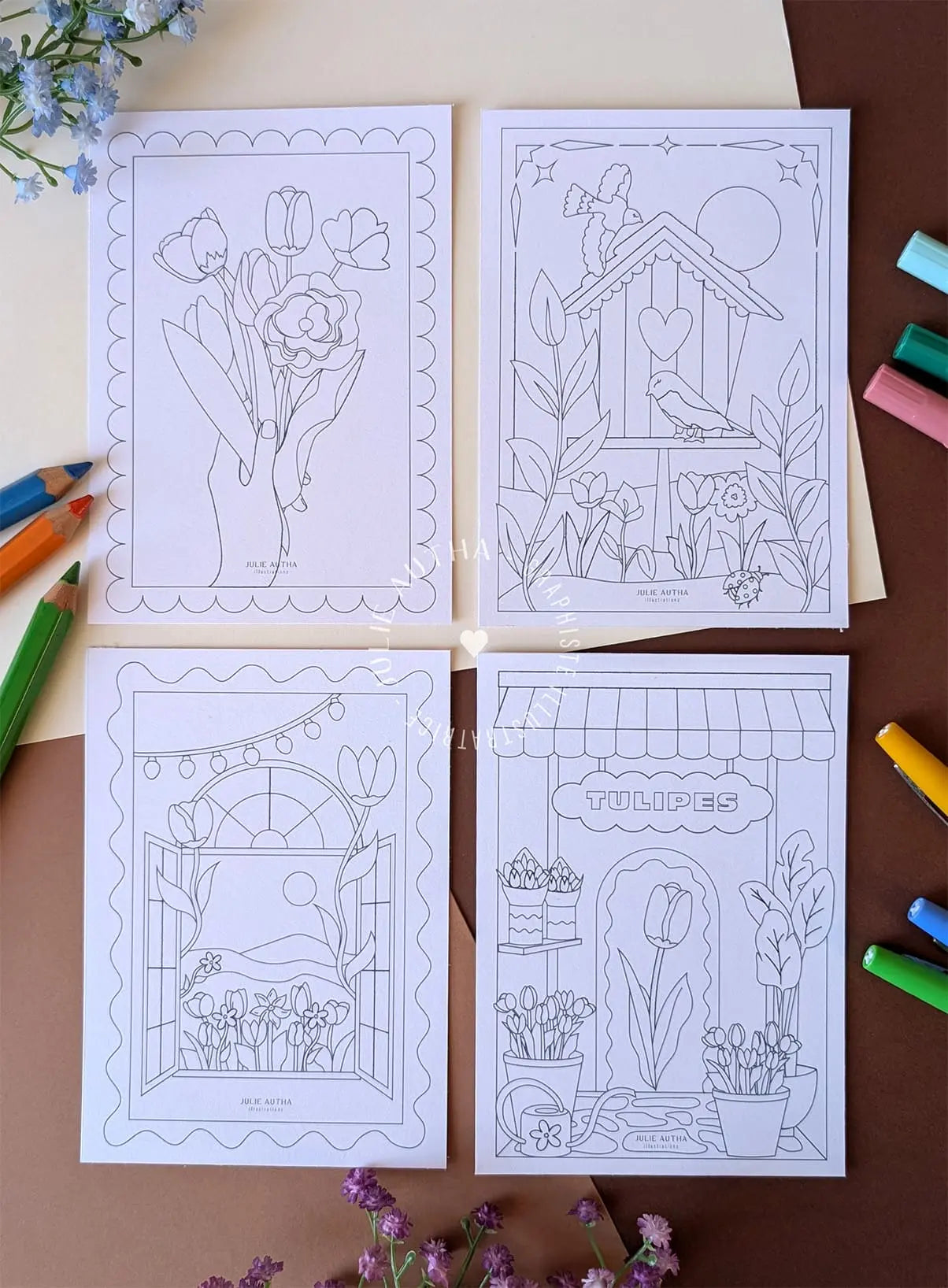 Cartes à colorier Fleuries Julie Autha